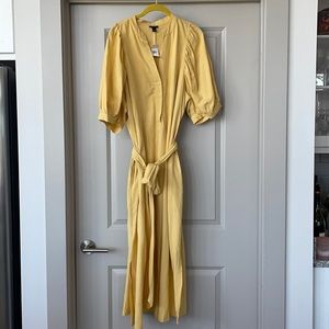 Puff Sleeve Linen Midi Dress With Pockets